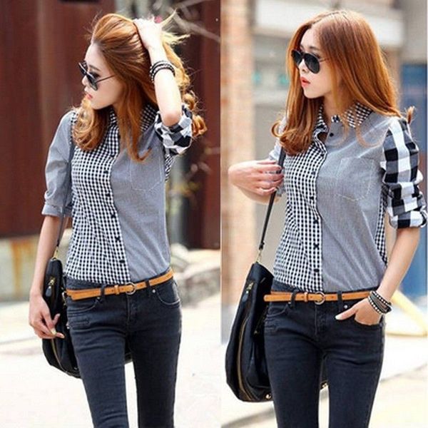 

2018 new brand women blouses long sleeve shirts cotton black flannel plaid shirt casual female plus size blouse, White