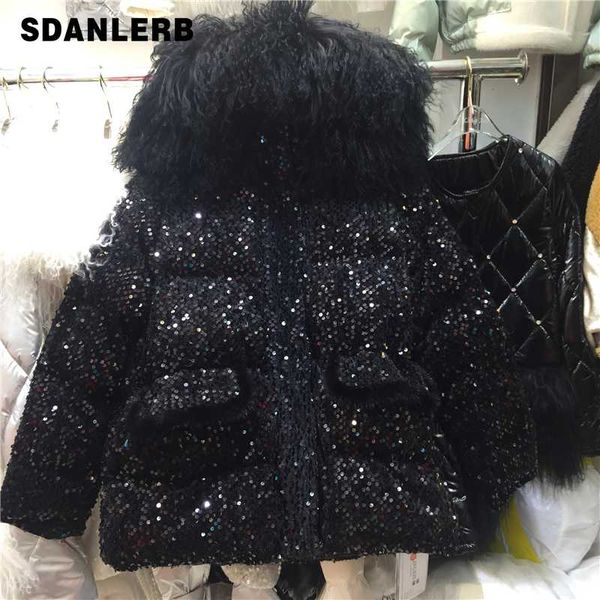 

блестки parka женщина 2019 зима новый большой lamb меховой воротник sequined группа длинные теплый проложенный хлопка куртки женские зимние, Black