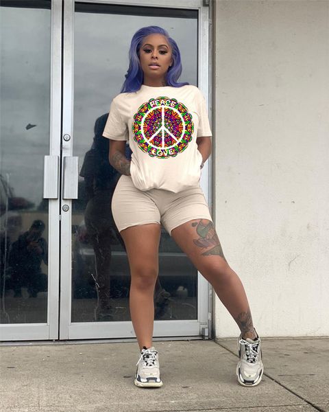 

Pace Print Womens Sumeer Designer 2Pcs Pants Crew Neck Short Sleeve Fashion Love Female Clothing Sport Style Casual Apparel