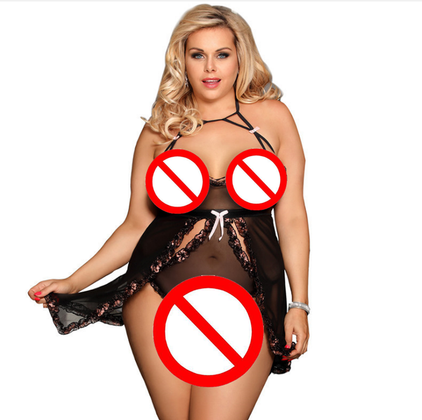 

europe and the united states large size underwear lace one-piece nightdress perspective foreign trade 80548, Black;white