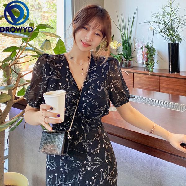 

women midi dress summer fashion black chiffon floral print short-sleeve v-neck boho casual beautiful party dresses vestidos, Black;gray