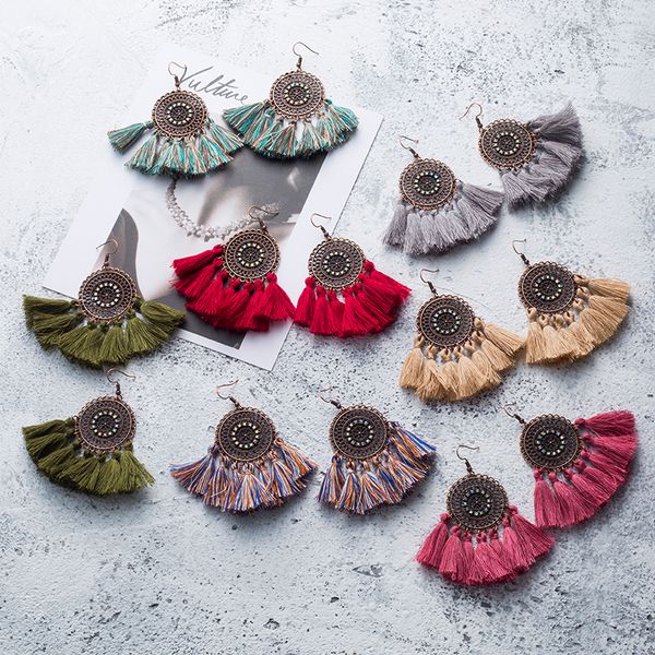 

vintage boho ethnic round dangle statement fringe tassel drop earrings for women wedding party anniversary jewelry ornaments, Silver