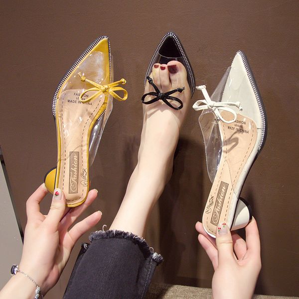 

high heels slides slippers woman pointed toe footwear transparent pvc shoes female mules shoes women summer calzado mujer, Black