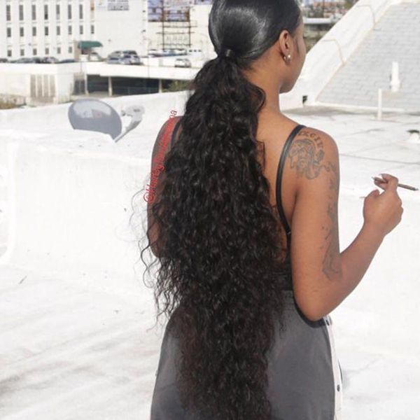 

wet wavy drawstring ponytail human hair extension loose wave wrap pony tail hairpiececlip in virgin brazilian hair extension 160g, Black