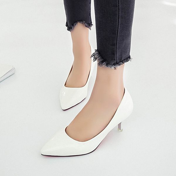 

women medium heels shoes patent leather pumps pointed toe woman dress shoes thin heeled shoes, Black