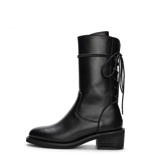 

women genuine leather mid-calf boots thick flat womens casual shoes high-boots flats canvas, Black