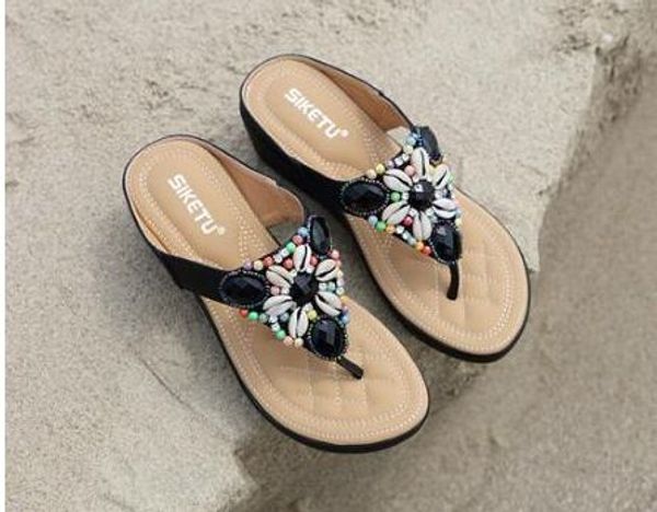 

siketu beach seaside bohemia beaded slope and large sandal, Black