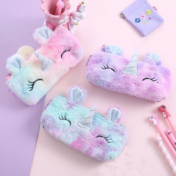 

1 pcs rainbow color winter plush unicorn school pencil case large capacity pencil bags for girls stationery pouch kids gift