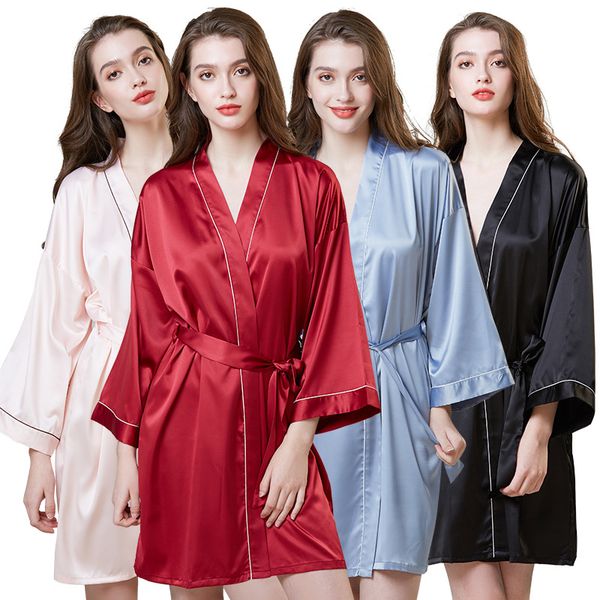 

advanced silk womens deep v-neck bride bath robe kimono faux silk wide eyelash lace trim half sleeve nightgown open front with sashes belt, Black;red