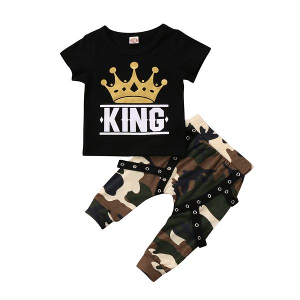 

2 pieces kid baby boy clothes set short sleeve king print t shirt and camouflage pants set for toddler and baby boys clothes, White