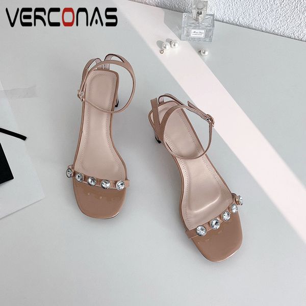 

verconas 2020 woman sandals patent leather woman pumps rhinestone concise shoes square toe square heels/high heels shoes, Black