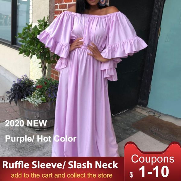 

elegant off shoulder women dress flare sleeve a-line high waist plain ruffle long maxi dress purple party dinner vestiods, Black;gray