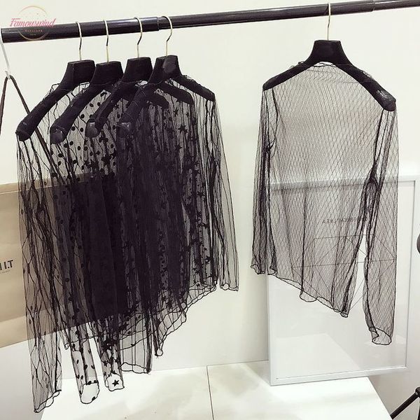 

ladies long sleeve see through mesh plaid lace t shirt summer transparent stripe tee t shirt women femme korean clothes, White