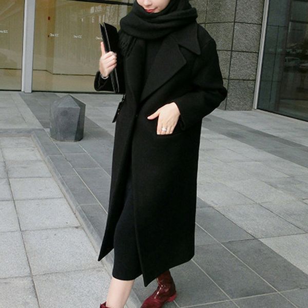 

autumn streetwear ladies long coats winter warm solid coat women full sleeve wool blend warm women's outwear abrigo mujer, Black