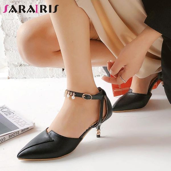 

sarairis pointed toe fashion ladies party sandals summer sandals women pointed toe pearl ankle stap cover heel shoes woman, Black