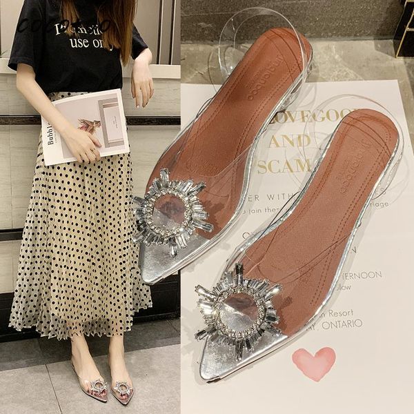 

transparent rhinestone sandals women 2020 summer new korean version of the wild pointed fashion thick heel slippers fairy shoes, Black