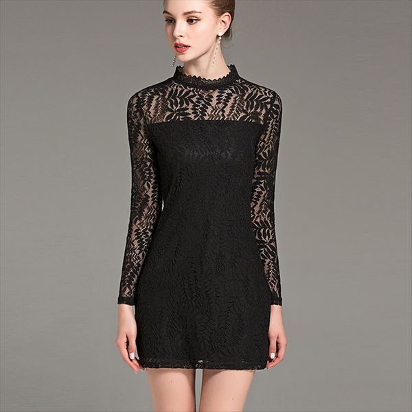 

all-match boutique women's lace fat mm large lace shirt dress size slim long sleeve base shirt dress, White