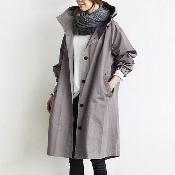 

fashion autumn winter womens long trench coat loose hooded wild elegant windbreaker comfortable outwear coat casual solid trench, Tan;black