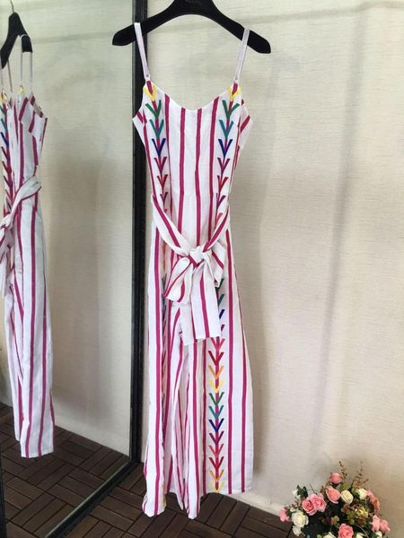 

2019 summer new look versatile embroidered striped jumpsuit 0608, Black;white