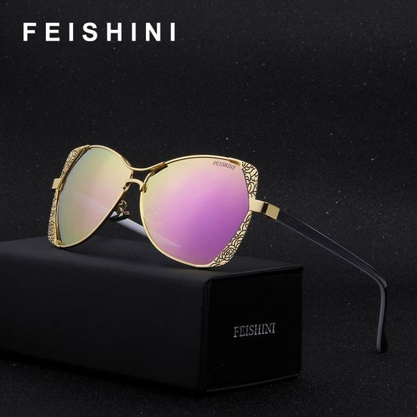 

feishini brand designer fashion eyewear gradient vintage sunglasses polarized women cat eye pink mirror classic metal pattern fetyi