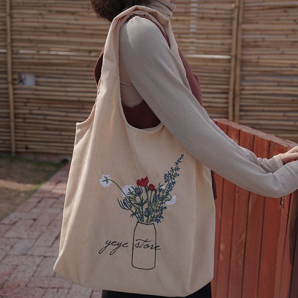 

women corduroy shoulder bag ladies embroidery canvas shopping bags female eco cotton cloth handbag foldable tote large capacity