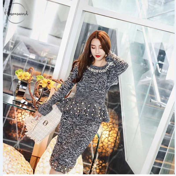 

трикотажное женщины свитера юбки комплекты pearls с длинным рукавом 2pcs пуловер tops юбка костюмы падения доставка хорошее качество, White