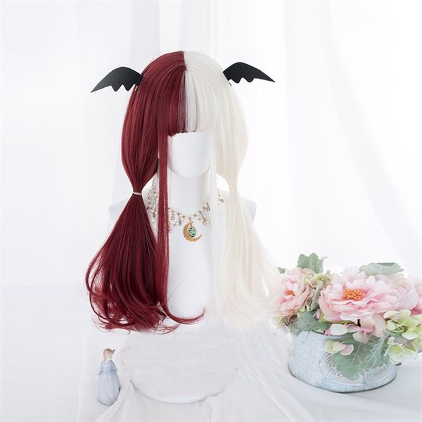 

cosplaymix half red mixed white bob ombre 65cm/40cm long straight wavy bangs cute synthetic halloween cosplay wig+cap, Black