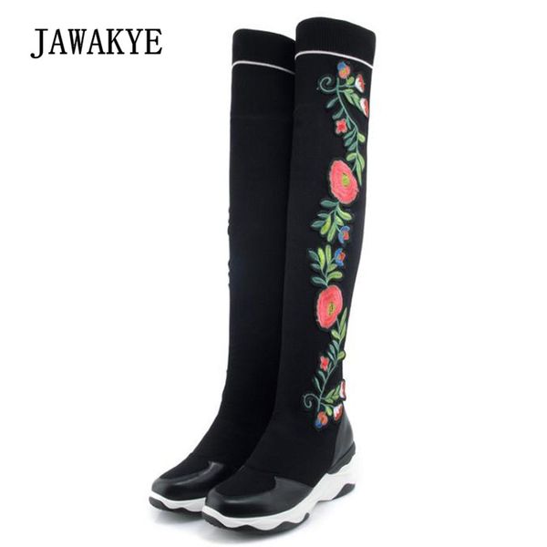 

2019 knit over the knee boots women round toe flower embroidery wedges platform boots woman strech sock, Black