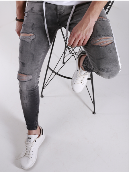 

mens side strip jeans new fashion slim denim pencil pants hip hop ripped casual hole ripped design trousers streetwear, Blue