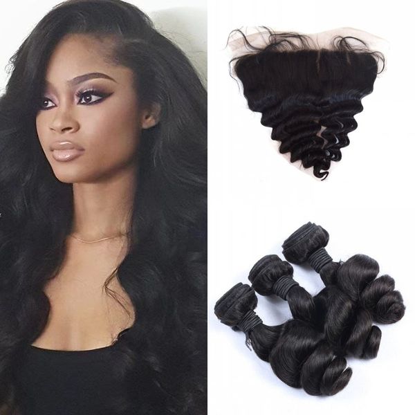 Peruvian 13x4 Silk Base Frontal With 3 Hair Bundles Loose Wave 100 Human Hair Natural Color Frontal With Bundles G Easy Curly Hair Weave Styles Hair