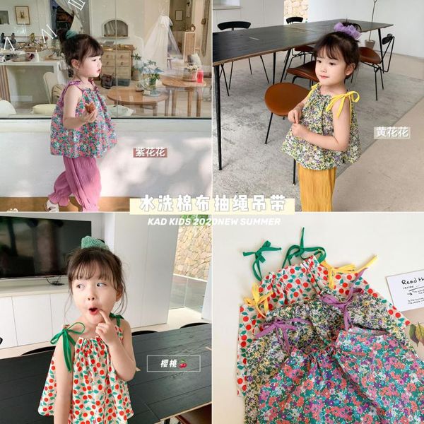 

girls baby sling cotton flower casual fashion vest children sleeveless cloth drawstring 2020 summer new shirt clothing, Blue