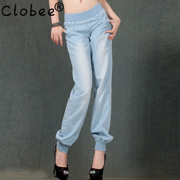 

2020 summer new thin funds breathable cool tencel jeans wide leg pants big yards elastic waist pants for women, Blue