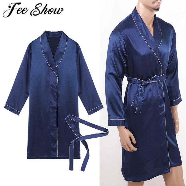 

summer/autumn men silky satin v neck long sleeves bathrobe nightgown male casual kimono robe loungewear sleepwear pajam, Black;brown
