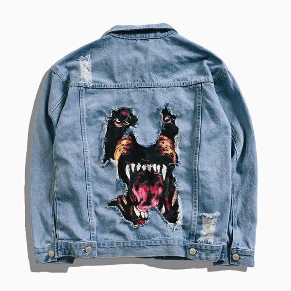 

tang 2019 men's hip hop denim jacket funny dog printed broken hole jean jacket spring autumn streetwear coat for couples, Black;brown