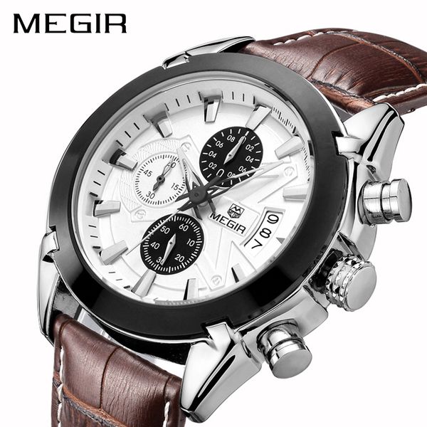 

megiruxury brand watches men quartzchronograph 6 hands leather clock man sports army wrist watch relogios masculino, Slivery;brown