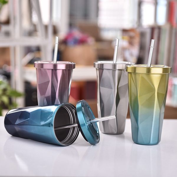 

coffee mug with stainless steel straw porcelain coffee milk cup drinkware cold double wall vacuum insulation mug