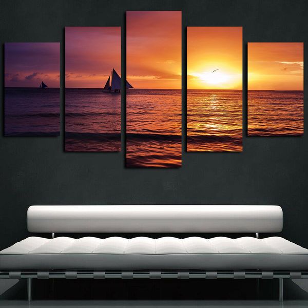 

5 panels canvas wall art sunset sea waves sailboat seascape paintings poster print on canvas oil painting seagull pictures