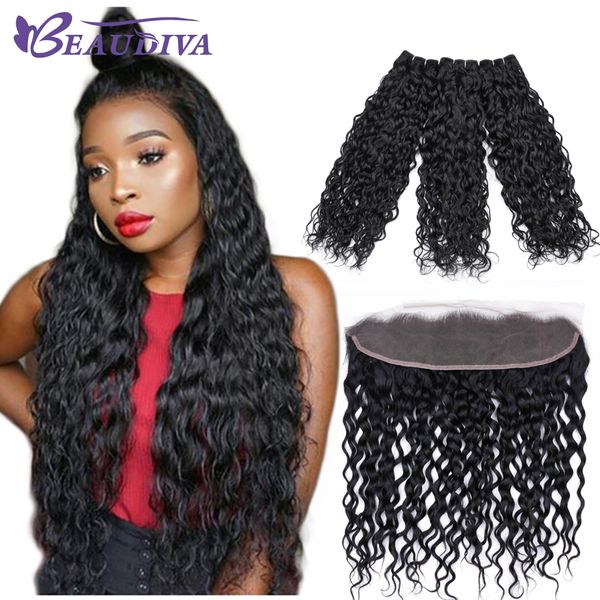 

water wave virgin hair extensions beaudiva human hair bundles with closure wholesale 8a brazilian hair 3bundles with lace frontal, Black;brown