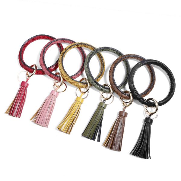 

1pcs large bohemia pu leather wristlet keychain bangle fashion leopard snake circle keyring tassel bracelet for women, Silver
