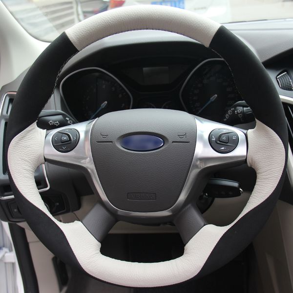 

white genuine leather black suede hand sewing car steering wheel cover for ford focus 3 2012-2014 kuga escape 2013-2016