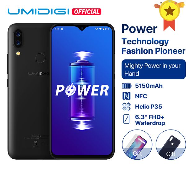 

umidigi power android 9.0 5150mah big battery 18w 6.3' fhd+ waterdrop screen 4gb+64gb helio p35 global version smartphone 16mp