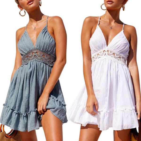 

beach hollow women lace mini dress summer spaghetti strap v-neck ruffle sleeveless backless deep v-neck dress, Black;pink