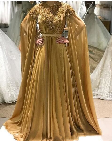 

gold chiffon a line elegant evening formal dresses 2019 long bead prom dress capes diamonds evening gown e002, Black;red