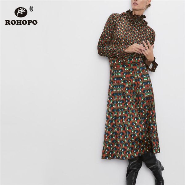 

rohopo high waist floral midi skirt pleated maxi autumn ladies mid calf accordion ribbed elegant retro printed falda #9717, Black