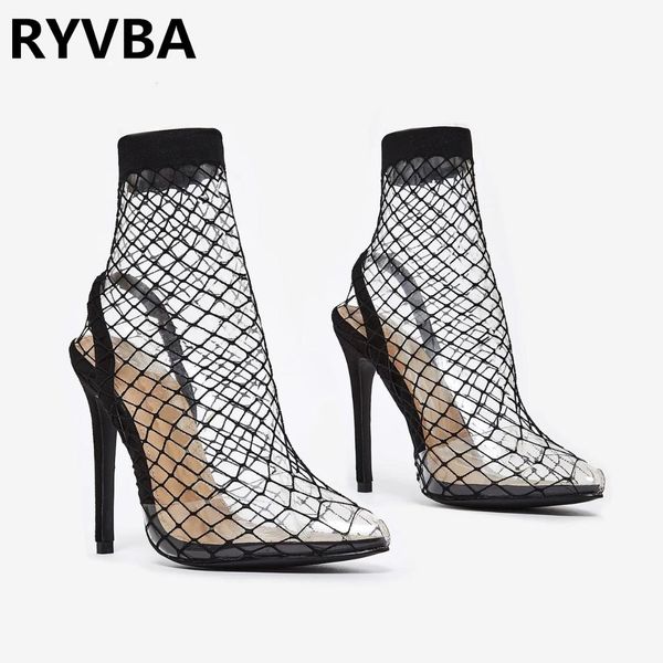 

2019 new arrived woman mesh ankle boots for women summer 12.5 thin heels boots sandal ladies pointed toe shoes sandals sandalias, Black