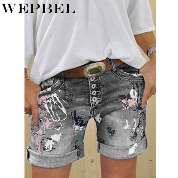 

wepbel women jeans summer new shorts washed floral flower printed jeans fashion casual new summer high waist denim shorts, Blue