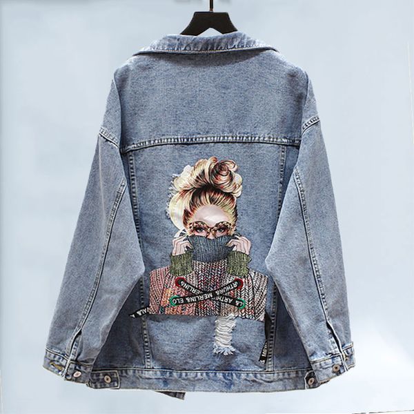 

2019 new bf autumn harajuku printed frayed beading denim jacket loose casual jeans jacket women coat outwear female jackets 447, Black;brown