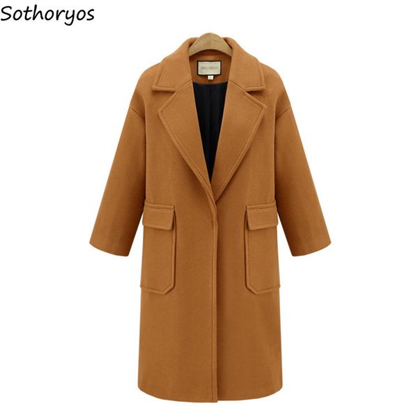 

wool women plus size turn-down collar pockets leisure straight solid all-match blends womens european style ladies elegant coats, Black