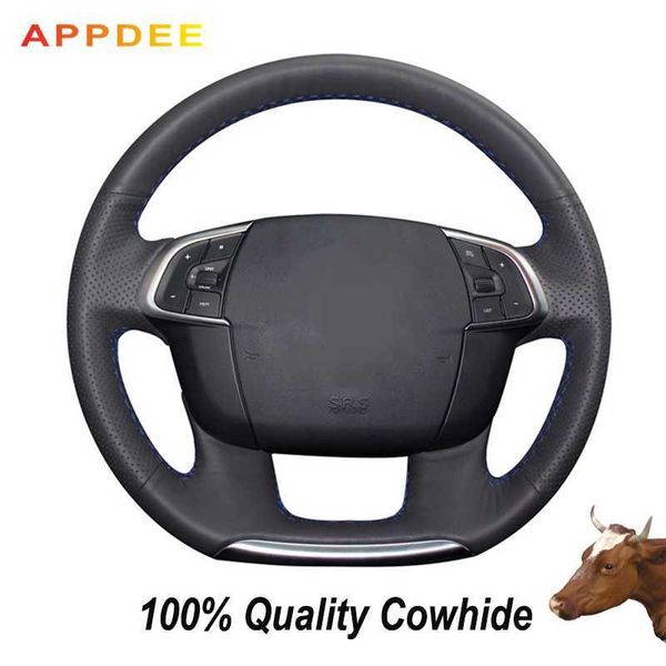

appdee hand-stitched black genuine leather steering wheel cover for c4 c4l