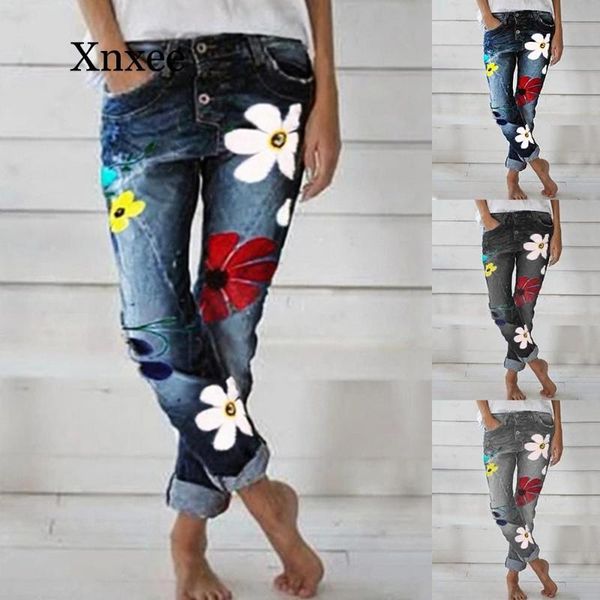 

2020 fashion jeans woman deep blue denim pants med waist women's jeans skinny slim pant denim retro bell bottom vintage